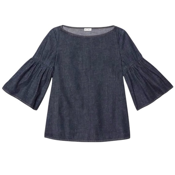 SUNO Slightly Oversized Blue Denim Shirred Bell Sleeve Boxy Blouse size 0 - Picture 5 of 11
